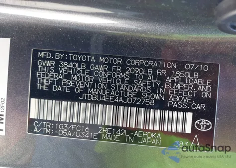 2010 Toyota Corolla Le z USA, uszkodzony, nr VIN JTDBU4EE4AJ072758
